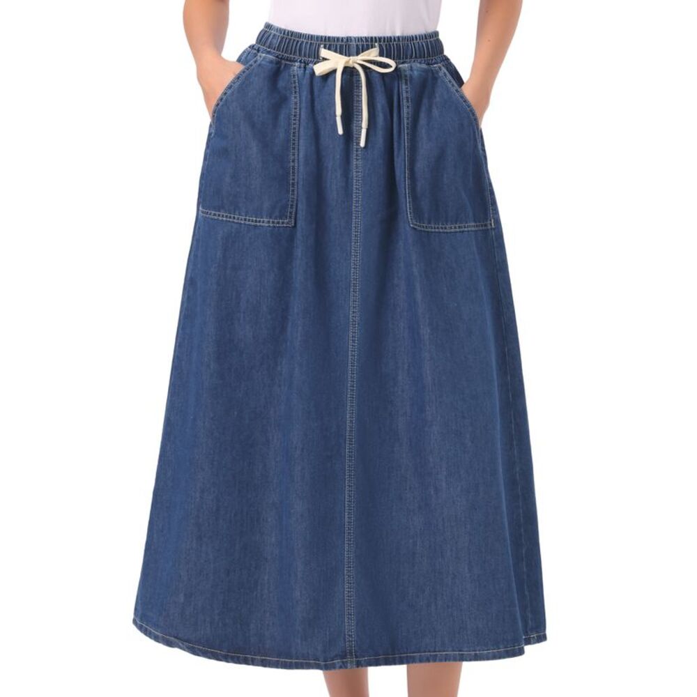 Women's Denim Skirt Elastic Waist A Line Long Jean Skirts Dark Blue